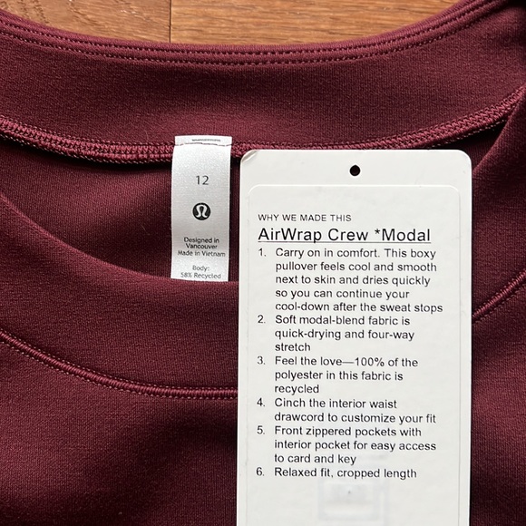 ❤️LULULEMON AIR WRAP CROPPED CREW *MODAL-RED MERLOT-12-NWOT❤️ - Picture 14 of 16